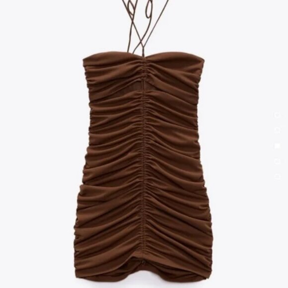 NWT Zara Ruched Halter Mini Dress Brown (S) - Picture 3 of 5